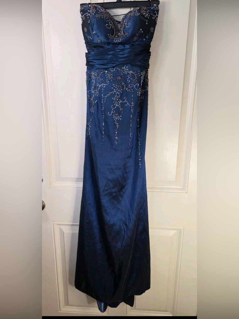 Vintage Y2K Teal Blue Beaded Prom Gown Strapless Corset Lace-Up Back Dress Sz L